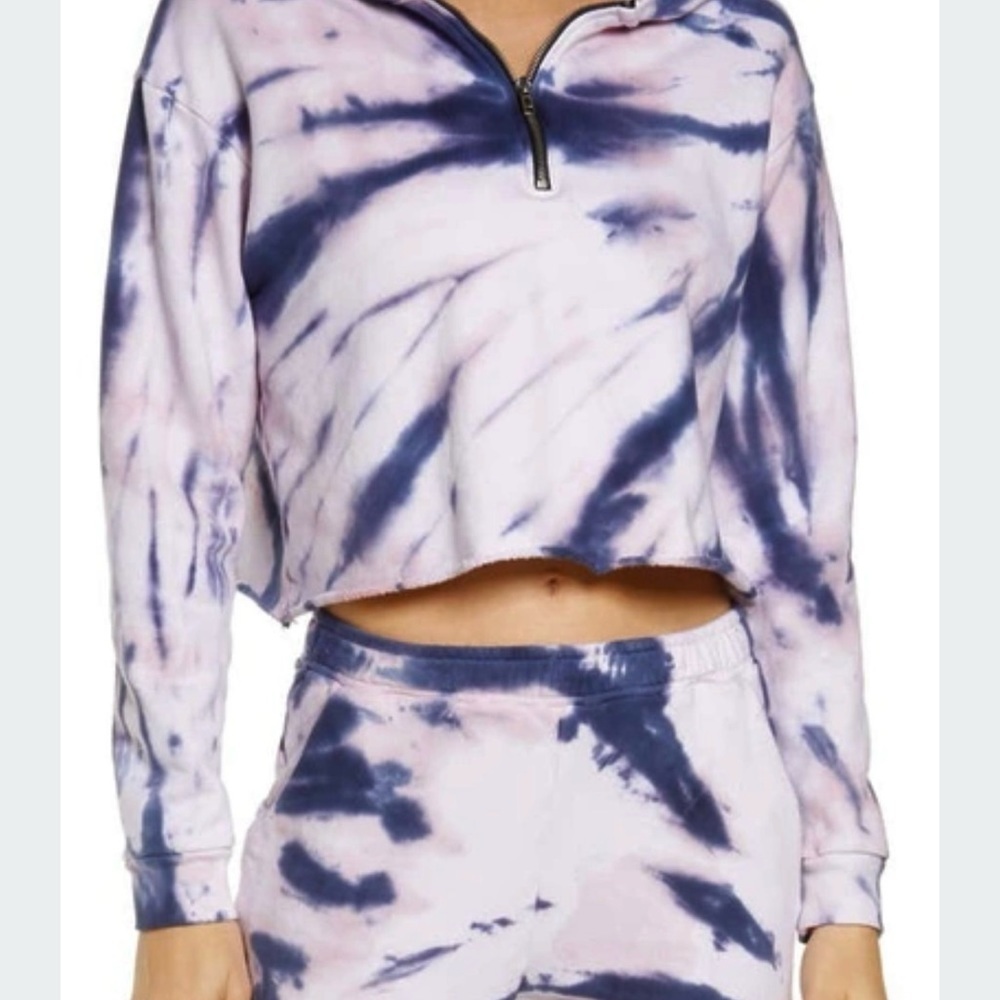 NWT OLI VIV Corey Tie Dye Quarter Zip Crop Hoodie Mauve Navy Cotton Loungewear L - Picture 6 of 16